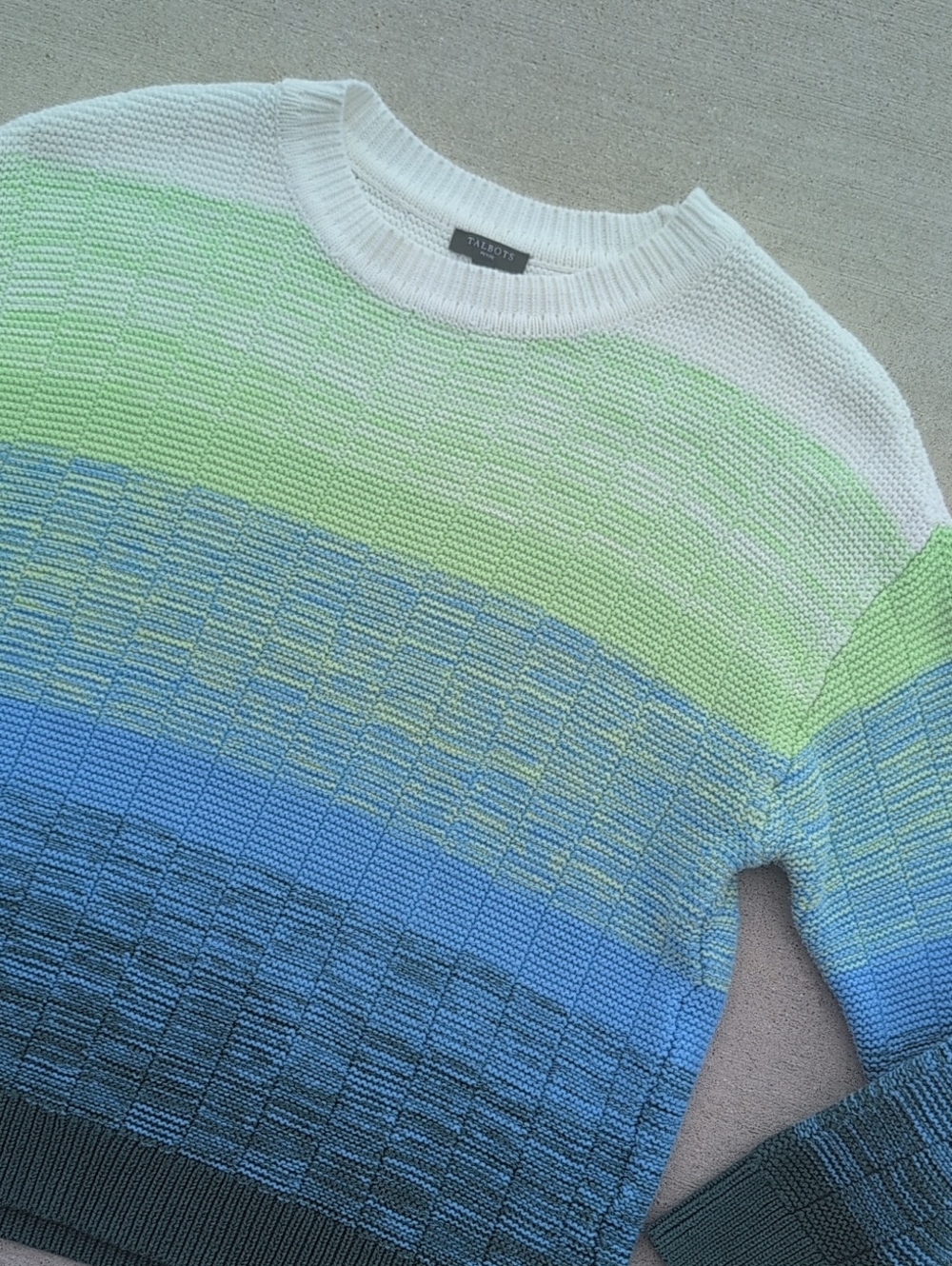 Talbots Large Petite Gradient Knit Cotton Sweater Blue Green Crew Neck Striped